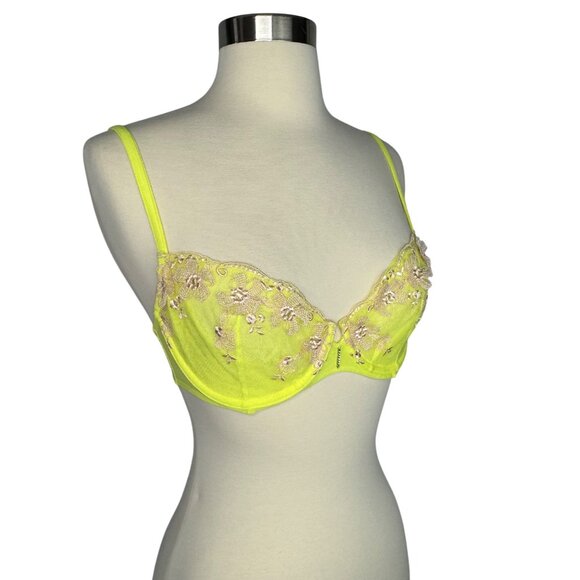 Victorias Secret 32D Yellow Floral Lace Push-Up Without Padding Bra Rhinestone - Picture 9 of 9